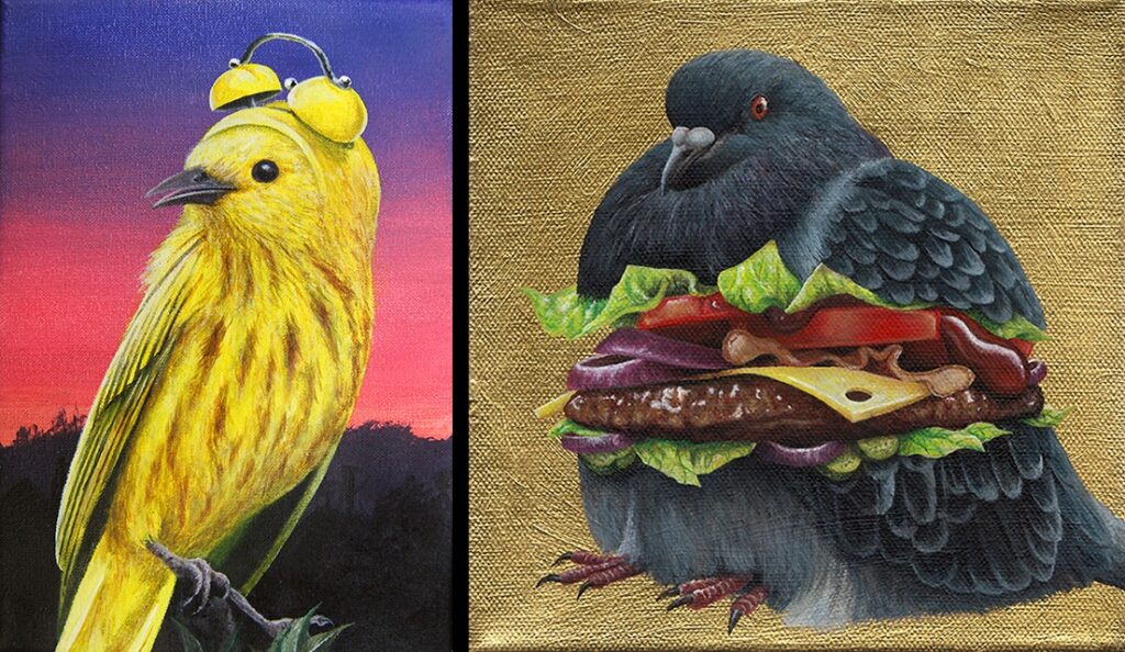 Vreemde-Vogels-Birds-Bird-Painting-Art-Artwork-Rick-van-den-Berg-Rick-and-Veerle-Schilderijen-Duif-Duiven-Hamburger-Wekker-Alarmclock-Pigeon