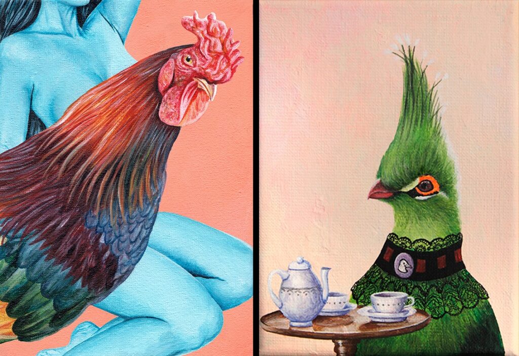 Vreemde-Vogels-Birds-Bird-Painting-Art-Artwork-Rick-van-den-Berg-Rick-and-Veerle-Schilderijen-chicken-Rooster-Cock-Block-Tea-Bird-Teatime